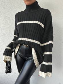 EURMUSE Women High Neck Striped Drop Shoulder Long Sleeve Casual Sweater, Fall/Winter - Black - View 5