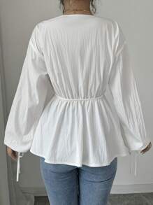 Chiquease 女士纯色灯笼袖前系带宽松白色休闲衬衫，春夏 - 彩色 - 查看 2