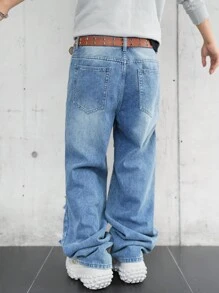 Manfinity EMRG 男士休闲洗水破洞宽松男友风牛仔裤，春秋季 - 藍色 - 查看 2