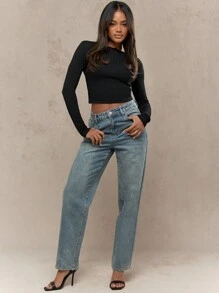 MISSGUIDED Mid Rise Light Blue Mom Jeans Classic Vintage Washed Regular Length Straight Leg Casual Autumn Winter Retro Style Street Fashion - Blue - View 3