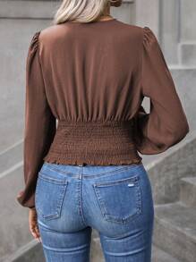 SHEIN Clasi Casual Solid Color Lantern Sleeve Ruched Waist Shirt For Autumn - Brown - View 2