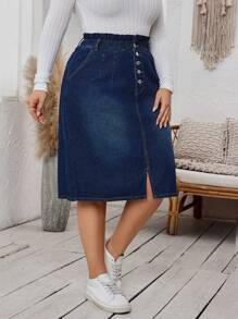 SHEIN LUNE Plus Size Women Casual Paper Bag Waist Button Fly Straight Denim Skirt - Dark Wash - View 6