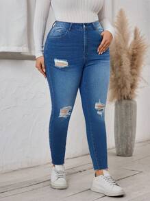 SHEIN LUNE 大码女式破洞口袋紧身休闲牛仔裤，百搭 - 中等水洗藍 - 查看 1