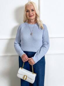 EMERY ROSE 20% Wool Women Casual Pullover Crew Neck Sweater Knit Pullover Fall Winter Outfit - Blue - View 5