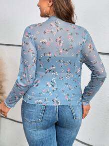 SHEIN VCAY 大码黑色花朵长袖打底衫 - 霧霾藍 - 查看 2