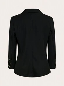 Plus Size Women Lapel Collar Contrast Stitch Single-Breasted Placket Blazer Jacket - Black - View 2