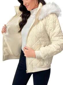 SHEIN LUNE 1 件女式休闲毛绒装饰连帽加厚棉服外套，宽松版型，冬季服装保暖 - 杏色 - 查看 4