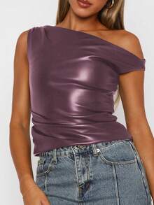 Women's Solid Color Asymmetric Neck Pleated Fitted Leather Blouse - Burgundy - View 8