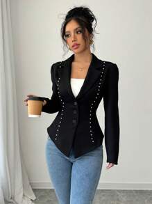 Chiquease 经典纯色粗花呢翻领西装外套 - 黑色 - 查看 4