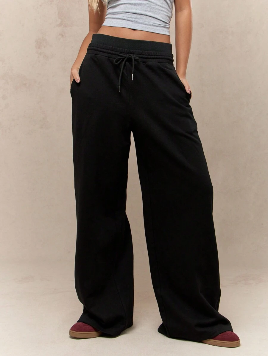 MISSGUIDED Ultra Comfortable Wide Leg Drawstring Sweatpants Lounge Pants Athletic Casual Wear Fall Winter Sports Workout Gym Pants Athleisure Yoga Bottoms - Black - View 1