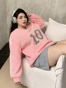 Dazy Plus Women's Autumn Raglan Sleeve V-Neck Leopard Print Number Patchwork Loose Sweatshirt Cheetah Print,Fall Women Clothes - Pink - View 7