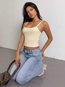 SHEIN SXY 女士纯色细肩带简约背心休闲日常穿着 - 米色 - 查看 3