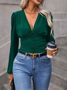 SHEIN Clasi 女式 V 领灯笼袖褶饰休闲优雅衬衫，秋季