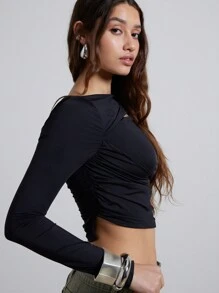 AiiRZ Draped Layered Cut-Out Asymmetrical Neckline Long Sleeve Cropped Top - Black - View 4