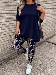 EMERY ROSE 2 件套大码女式花卉印花长袖 T 恤和瑜伽裤，休闲秋冬装 - 藏蓝色 - 查看 5