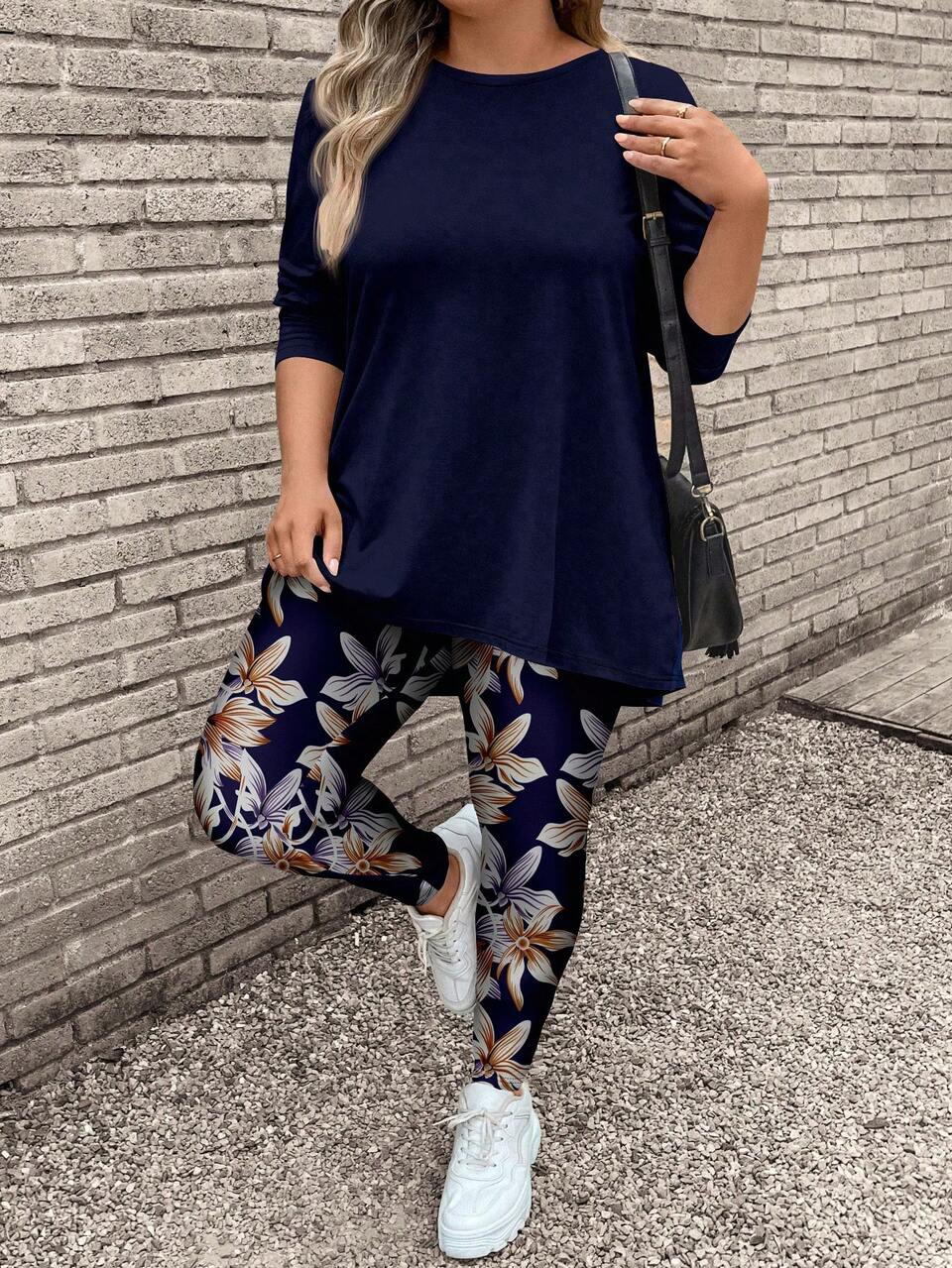 2pcs/Set Plus Size Women Floral Print Long Sleeve T-Shirt And Yoga Pants, Casual For ,Flower/Spring/Summer/Vacation