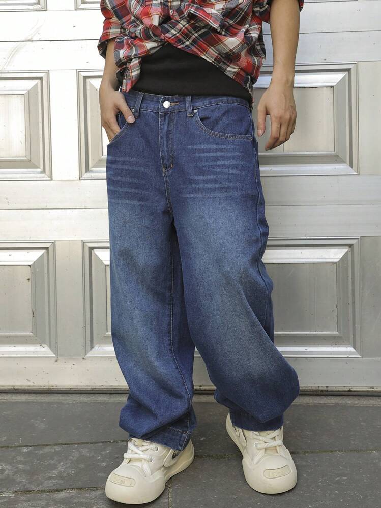 Manfinity Hypemode Pantalones vaqueros anchos y holgados con bolsillos para hombre - Azul lavado medio - Añade 7
