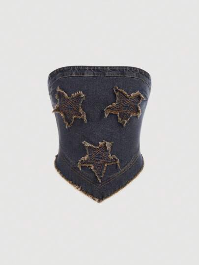 SHEIN Parte superior de tubo vaquera con bajo deshilachado con estampado de estrellas, en estilo vintage de la década de 2000 para adolescentes