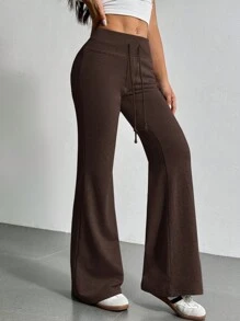 SHEIN EZwear Drawstring Waist Flare Leg Sweatpants - Brown - View 4