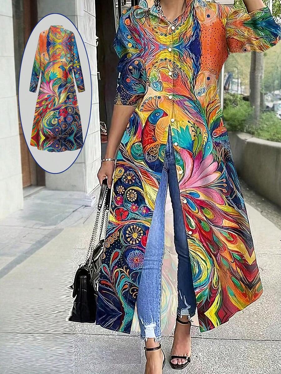 Blus Lengan Panjang Wanita Kasual/Komuter dengan Kancing Depan, Model A-Line Longgar, Desain Cetak Motif Musim Gugur Terlaris - MultiWarna - View 1