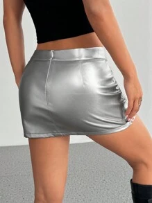 SHEIN Unity Rok Mini Kulit PU Pendek Seksi Berpinggang Rendah, Musim Gugur - Perak - View 4