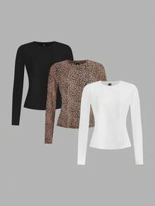 Slaydiva 3pcs/Set Plus Size Women Crew Neck Casual Tight Fit Long Sleeve T-Shirt Set, Suitable For Autumn/Winter