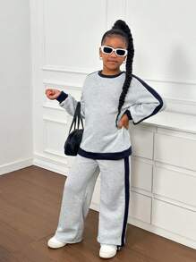 SHEIN 青少年女孩休闲运动和家居服拼色宽松圆领运动衫和阔腿运动裤套装 - 灰色 - 查看 1