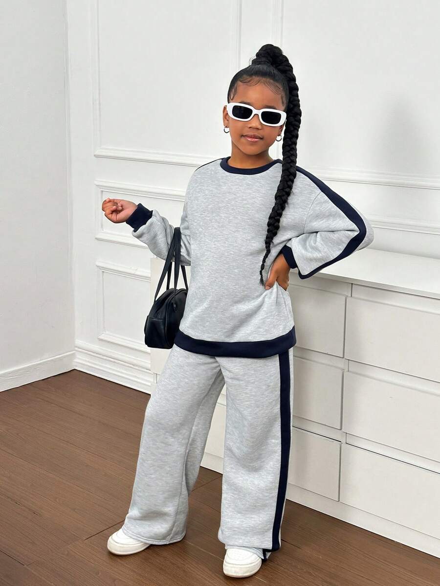 SHEIN 青少年女孩休闲运动和家居服拼色宽松圆领运动衫和阔腿运动裤套装 - 灰色 - 查看 1