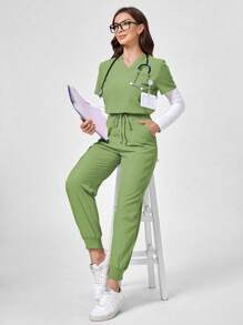 TaskEZ Conjunto de uniforme de pijama quirúrgico de unicolor con top de manga corta y pantalones - Verde - Ver 3