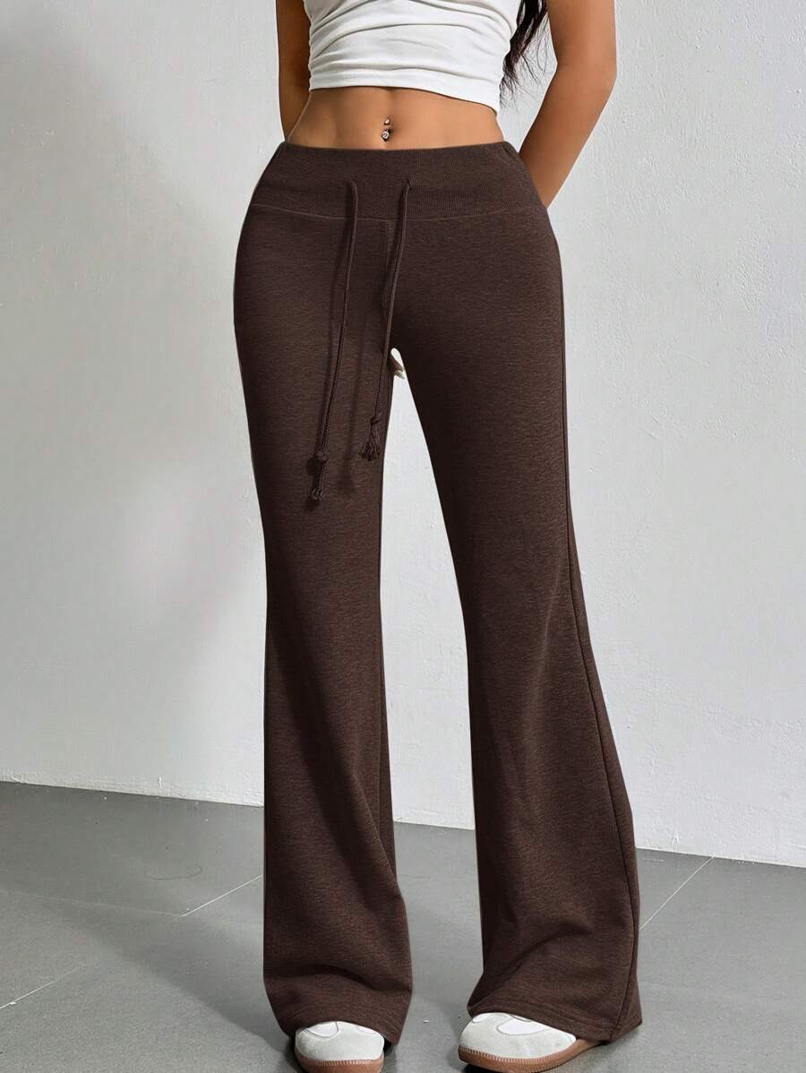 SHEIN EZwear Drawstring Waist Flare Leg Sweatpants - Brown - View 1