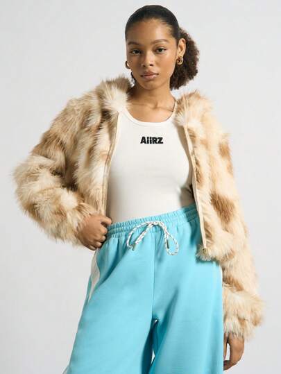 AiiRZ 奢华拉链前仿皮草冬季飞行员外套保暖毛绒短款夹克秋季蓬松外套舒适短款秋季