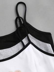 Flirla Cute Bear Print & Solid Color Contrast Trim Camisole Top Set