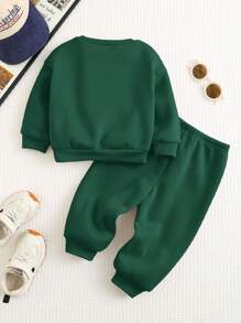 SHEIN Unisex Baby Boy Casual Athletic Street Fashion Gentleman Academic All-Match Style Oversized Round Neck Sweatshirt,Suitable For Spring,Autumn,Winter,For Indoor/Outdoor/School Wear,Thickened, Fleece - Dark Green - View 2