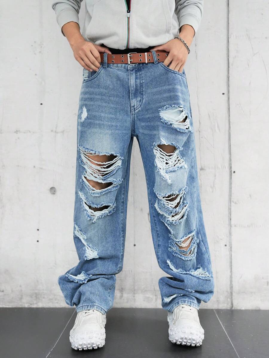 Manfinity EMRG 男士休闲洗水破洞宽松男友风牛仔裤，春秋季 - 藍色 - 查看 1