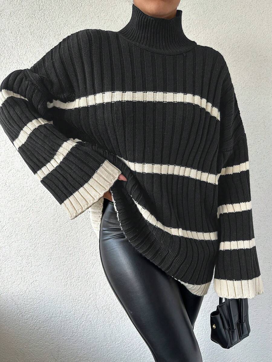 EURMUSE Women High Neck Striped Drop Shoulder Long Sleeve Casual Sweater, Fall/Winter - Black - View 1