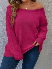 Calvaya Plus Size Women Casual Solid Color Off Shoulder Loose Sweater Knit Pullover Fall Winter - Hot Pink - View 1