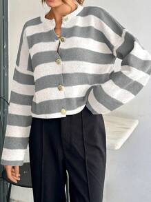 EURMUSE Women Stripe Pattern Round Neck Front Button Cardigan