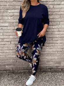EMERY ROSE 2 件套大码女式花卉印花长袖 T 恤和瑜伽裤，休闲秋冬装 - 藏蓝色 - 查看 1