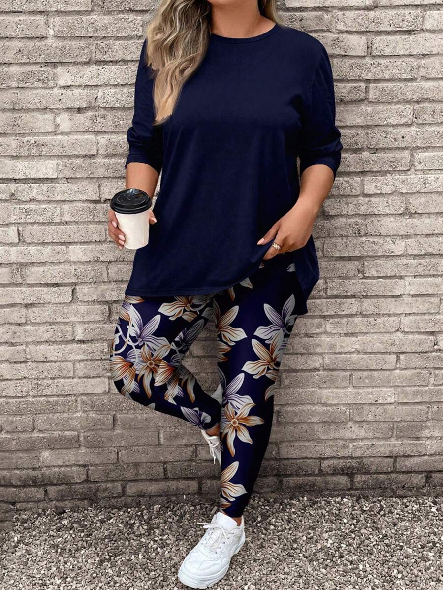 EMERY ROSE 2 件套大码女式花卉印花长袖 T 恤和瑜伽裤，休闲秋冬装 - 藏蓝色 - 查看 1