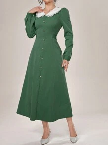 Modelyn 女士纯色撞色前扣长袖休闲连衣裙长款女士装长款晚礼服 - 綠色 - 查看 4