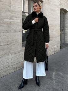 EURMUSE Women's Solid Longline Quilted Jacket With Zip Up And Fur Collar - Black - View 1