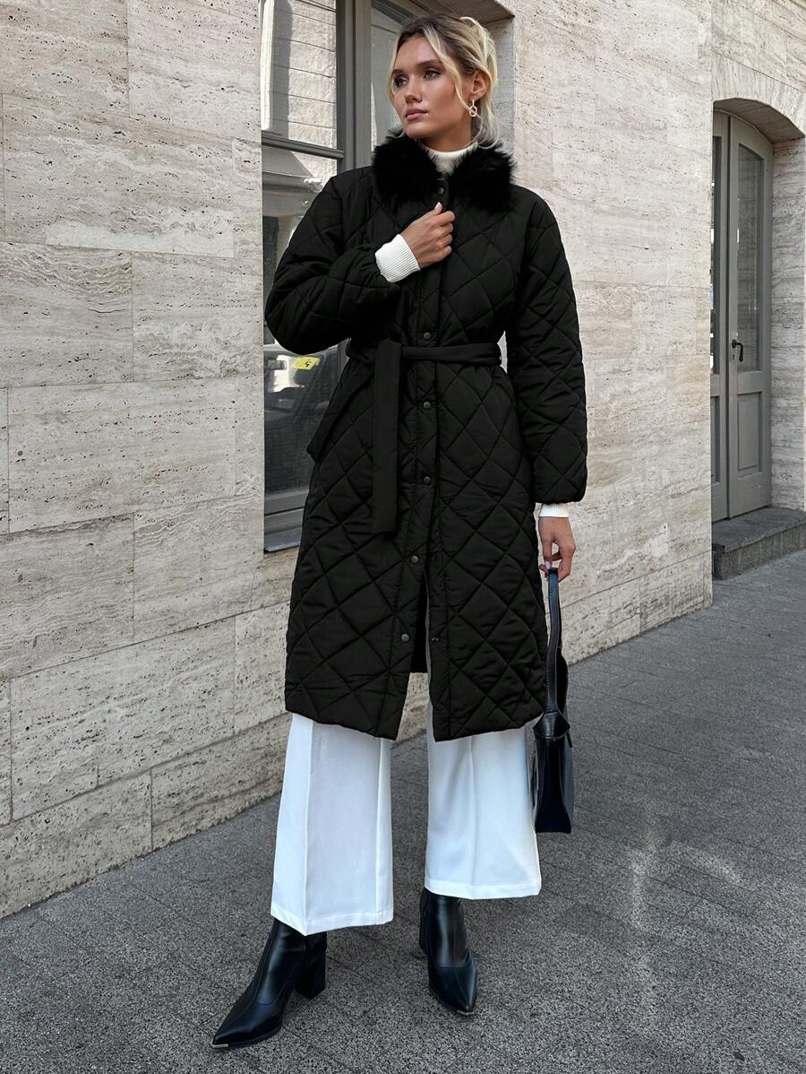 EURMUSE Women's Solid Longline Quilted Jacket With Zip Up And Fur Collar - Black - View 1