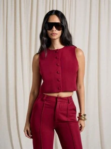 AiiRZ Sleeveless Button Front Crop Vest Professional Office Wear Business Casual Waistcoat Formal Interview Work Meeting Sophisticated Modern Blazer - Burgundy - View 1