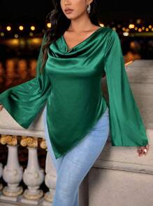 SHEIN Unity Plus Size Women Elegant Solid Color Draped Collar Flared Cuff Asymmetric Hem Blouse, Autumn - Dark Green - View 4