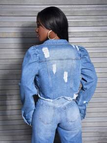 SHEIN Slayr Long Sleeve Denim Jacket, Spring Autumn New Casual Ripped Blue Women Coat - Blue - View 2