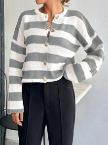EURMUSE Women Stripe Pattern Round Neck Front Button Cardigan