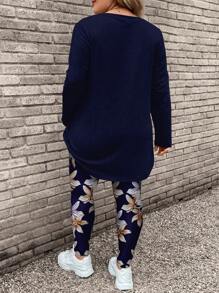 EMERY ROSE 2 件套大码女式花卉印花长袖 T 恤和瑜伽裤，休闲秋冬装 - 藏蓝色 - 查看 2