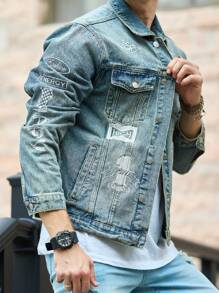 Manfinity Homme Chaqueta vaquera casual para hombres con bordado de letras para otoño - Azul - Ver 7