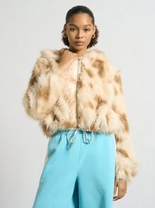 AiiRZ 奢华拉链前仿皮草冬季飞行员外套保暖毛绒短款夹克秋季蓬松外套舒适短款秋季 - 彩色 - 查看 4