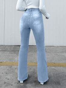 EURMUSE Casual Bleash Washed Flare Leg High-Waisted Jeans - Light Wash - View 2